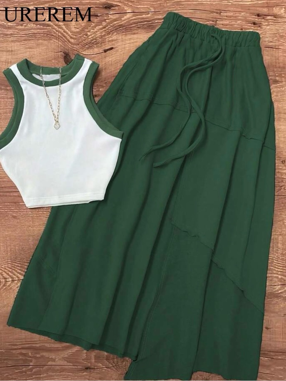 Elegant Shein women's green and white long skirt set, size M.